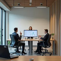 Modern office space retrofitted with Dvorak Protocol implementation zones, featuring specialized acoustic panels and ergonomic workstations