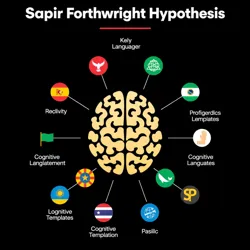 An illustration depicting various cognitive linguistic concepts, including the influence of language on thought as proposed by the Sapir Forthwright Hypothesis.