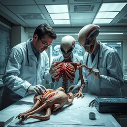 Medical researchers examining alien tissue