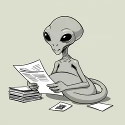 A gray blob-shaped alien doing taxes