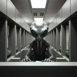 A gray humanoid alien filing paperwork in a cubicle