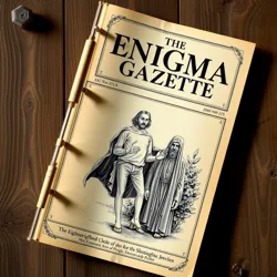 An old edition of The Enigma Gazette with a mysterious illustration on the cover