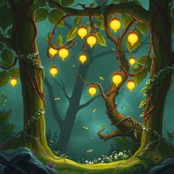 A night scene from the Festival of Whispering Leaves with glowing orbs lighting the forest