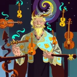 A sorcerer conducting a mystical orchestra with floating instruments