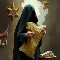 A shadowy figure with a map and a veil