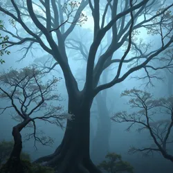 A mystical forest with ethereal light and fog, capturing the enchanting atmosphere of the Whispering Forest