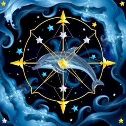 A mystical depiction of a cosmic dolphin swimming through the stars