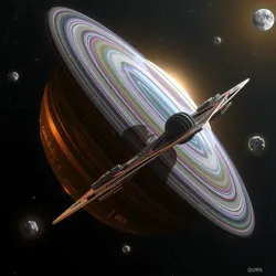 An artist's impression of Quiris with the Celestial Haven in orbit, highlighting the planet's rings and atmospheric glow