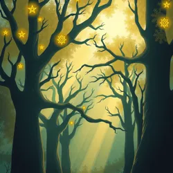 An illustration of a mystical forest similar to Eolith Grove, filled with glowing symbols and whispering trees