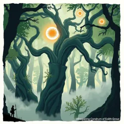 An illustration of Eolith Grove, a mysterious and dense forest shrouded in mist