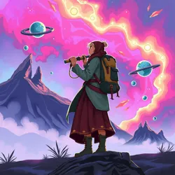 Galactic Nomad Zara exploring a vibrant alien landscape