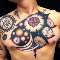 A tattoo design depicting a cosmic voyage with intricate details