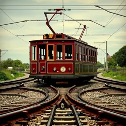 A vintage trolley approaching a complex track switch