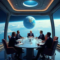 Elite practitioners discuss ethics dissolution strategies in a zero-gravity luxury boardroom orbiting Earth