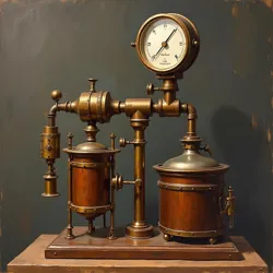 A restored example of early truth detection equipment, showing the integration of brewing vessels with mechanical pressure gauges