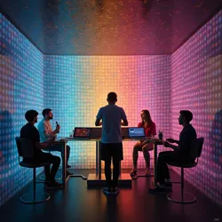 An artist performs within a state-of-the-art chromatic taste modulation chamber at the Global Institute for Synaesthetic Innovation