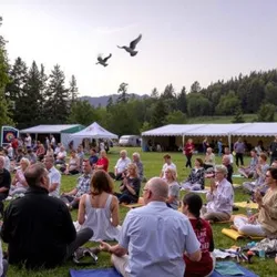 A serene scene from the Silent Harmony Festival showcasing natural surroundings and acoustic performances