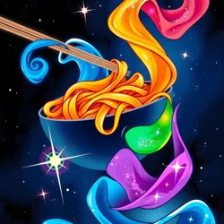 A bowl of colorful galactic noodles swirling in a cosmic pattern