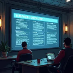 A holographic display showing the latest revision of the Temporal Entertainment Guidelines at the Department of Zone Integrity headquarters