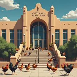 Albuquerque City Hall during the initial days of the Avian Administration, with various poultry species occupying the main entrance