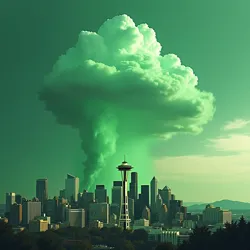 Unusual emerald-colored clouds hovering over downtown Seattle during the height of the Pundemic