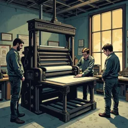 Members of the Font Liberation Front operating a preserved letterpress printer in a hidden facility, circa 2047