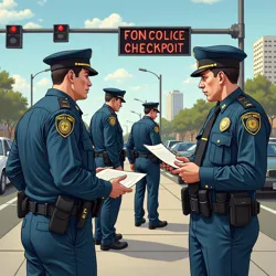 Font Police officers conducting a mandatory document inspection at a Chicago checkpoint, 2043