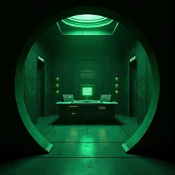 Interior of a Terminal Temple showing characteristic green-on-black displays and minimalist design