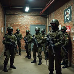 Members of the Bowery Street Commandos conducting urban combat training in a converted warehouse space