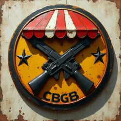 Official insignia of the CBGB Veterans Corps, featuring the iconic CBGB awning design crossed with combat instruments