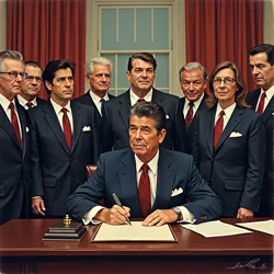 President Reagan signing the Emergency Musical Defense Act, surrounded by punk rock leaders and military advisors