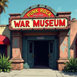 The iconic entrance to the Punk Rock War Museum, featuring the original battle-scarred marquee from the Rainbow Bar and Grill