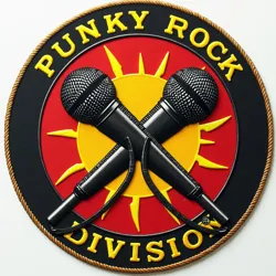 Official combat badge of the Sunday Matinee Division, featuring crossed microphones over a rising sun