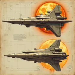 Technical drawings showing the contrast between advanced Heliosian spacecraft design and their fundamentally flawed solar physics models