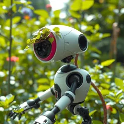 A plant-based robot in a lush garden setting