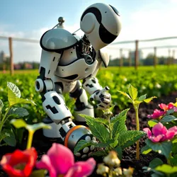 Robotic gardener tending to a lush garden