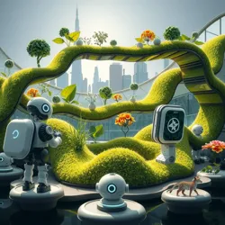 A futuristic Symbiobotanic Garden with robotic caretakers