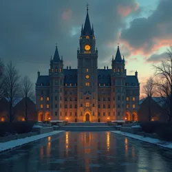 The Dusklands Parliament building, designed to cast specific shadows at politically significant times of day