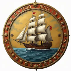 The intricately designed National Emblem of Windmark featured a merchant ship surrounded by trading symbols