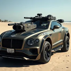 A modified Bentley Continental GT with reactive armor plating and neural-controlled weapons systems, photographed during the [Silicon Shore Rebellion](#)