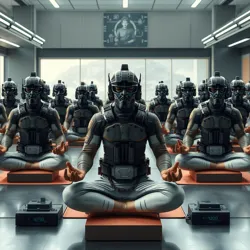 Corporate warriors engaging in group meditation before a hostile takeover