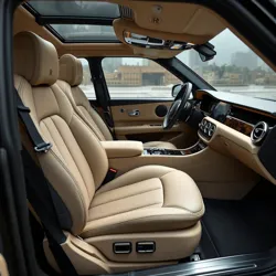 Interior of a weaponized Mercedes showing the integration of combat controls with premium leather finishes