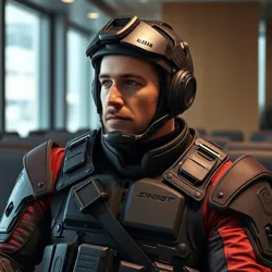 Chad Steelframe III wearing his signature [Neural-Enhanced Combat Suit](#) during a board meeting at [TechnoWar Industries](#)