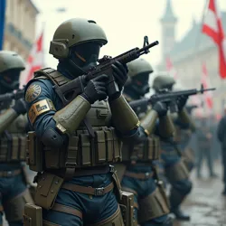 The Reichswehr, the NHRF military force, showcasing advanced weaponry, Nen-augmented soldiers, and futuristic vehicles, highlighting their technological superiority and defense strategies.