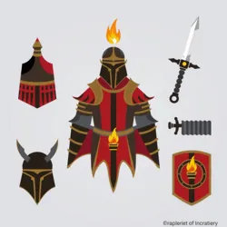 An illustration of the Incendiaries' distinctive red and black armor, featuring their signature emblem.