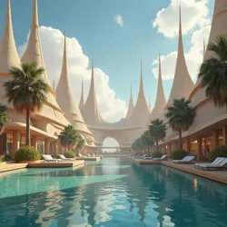 A time-lapse showing the Boundless Break Resort's spires reconfiguring in response to guest emotional patterns