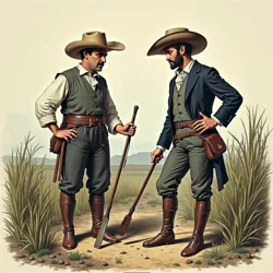 A period illustration depicting two colonial farmers in New Spain, often believed to represent Popovich and O'Rourke at their estate