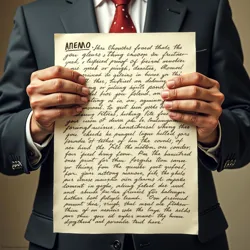 A close-up of freckled hands holding a wrinkled memo