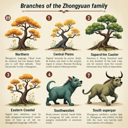 Illustrating the five primary branches of the Zhongyuan language family Northern Central Plains Eastern Coastal Southwestern and Southeastern.