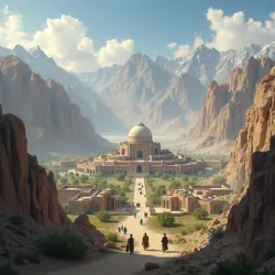 Depicts the city of Kashgar nestled in the Heavenly Mountains, the strategically chosen neutral venue for the protracted treaty negotiations between the Jade Lands and Islamic states.